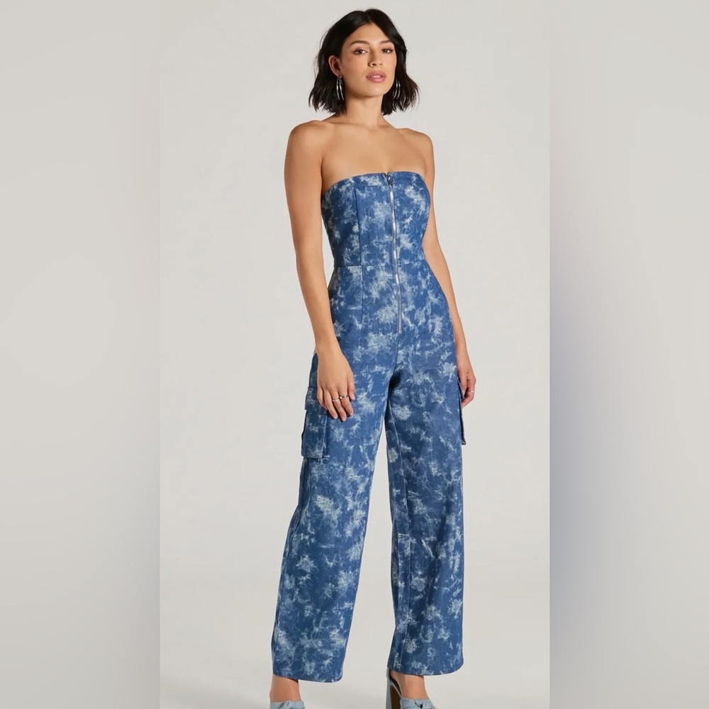 Windsor Blue Tie-Dye Strapless Jumpsuit